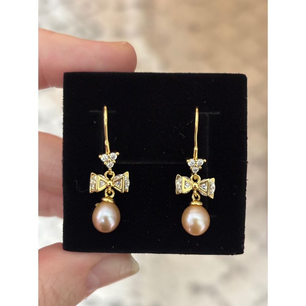 Gold Tone Bow Crystal Rose Pearl Drop Earrings French Hook Coquette Style